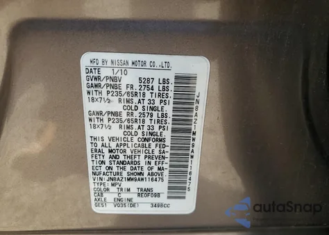 2010 Nissan Murano S from USA, damaged, VIN JN8AZ1MW9AW116475